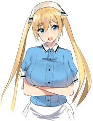 Rule 34 | 1girl, :o, absurdres, blend s, blonde hair, blue eyes, blue shirt, breast hold, breasts, commentary, crossed arms, happy, highres, hinata kaho, large breasts, long hair, looking at viewer, norman maggot, shirt, short sleeves, simple background, smile, solo, tagme, twintails, uniform, white background, white headwear