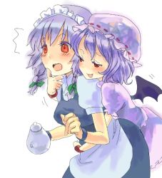 Rule 34 | 2girls, :3, bad id, bad pixiv id, bat wings, blue hair, blush, bow, braid, female focus, grabbing another&#039;s chin, hand on another&#039;s chin, hat, hug, hug from behind, izayoi sakuya, legge, maid, maid headdress, multiple girls, nove (legge), red eyes, remilia scarlet, short hair, silver hair, smile, surprised, teapot, touhou, twin braids, wings, you gonna get raped