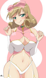 Rule 34 | 1girl, absurdres, amazing-black, bare shoulders, belly, blonde hair, bow, breasts squeezed together, breasts, bridal gauntlets, cleavage, cleavage cutout, clothing cutout, detached sleeves, female focus, garter straps, green eyes, hair bow, hair tubes, haruka (senran kagura), highres, jin homuhomu, large breasts, looking at viewer, navel, revealing clothes, senran kagura, senran kagura shoujo-tachi no shin&#039;ei, short hair, skindentation, solo, tongue, tongue out