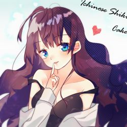 Rule 34 | 1girl, artist name, bad id, bad pixiv id, bare shoulders, black tank top, blue eyes, blush, brown hair, cake (isiofb), character name, collarbone, commentary request, finger to mouth, fingernails, head tilt, heart, ichinose shiki, idolmaster, idolmaster cinderella girls, long hair, looking at viewer, off shoulder, parted lips, shirt, smile, solo, strap slip, tank top, very long hair, white shirt