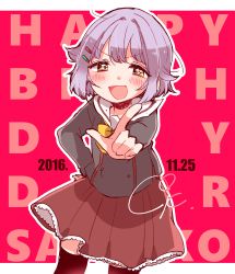Rule 34 | 1girl, :d, artist name, birthday, blush, bow, bowtie, brown eyes, character name, cowboy shot, dated, english text, frilled skirt, frills, hair ornament, hand on own hip, happy birthday, highres, idolmaster, idolmaster cinderella girls, koshimizu sachiko, kudo (low temp), leaning forward, looking at viewer, open mouth, pointing, pointing at viewer, purple hair, school uniform, short hair, signature, skirt, smile, solo, thighhighs, zettai ryouiki