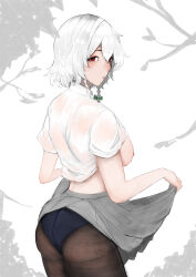 Rule 34 | 1girl, absurdres, black panties, black pantyhose, breasts, clothes lift, commentary, cowboy shot, highres, izayoi sakuya, large breasts, lifted by self, looking at viewer, medium hair, nipples, panties, pantyhose, parted lips, red eyes, see-through, see-through shirt, shirt, short sleeves, skirt, skirt lift, solo, touhou, underwear, white background, white hair, white shirt, yatsu (yaxtu1029)