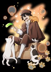 Rule 34 | 1boy, artist request, blush, brown hair, brown jacket, brown pants, bungou stray dogs, cat, closed eyes, detective, edogawa ranpo (bungou stray dogs), green eyes, hat, jacket, long hair, male focus, pants, smile, socks, solo, source request, white socks