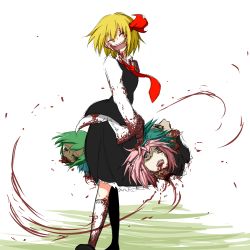 Rule 34 | 5girls, :d, ^ ^, black skirt, blonde hair, blood, blood on clothes, blood on face, blood on hands, blouse, blue eyes, blue hair, cirno, closed eyes, daiyousei, frilled skirt, frills, green eyes, green hair, guro, hair ribbon, happy, head, looking at viewer, multiple girls, mystia lorelei, necktie, noumen, open mouth, pink hair, ribbon, rumia, severed head, shirt, shoes, short hair, skirt, smile, standing, team 9 (touhou), touhou, vest, white shirt, wriggle nightbug