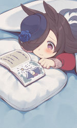 Rule 34 | 1girl, animal ears, bed sheet, black hair, blue flower, blue hat, blue rose, blush, closed mouth, commentary request, flower, hair over one eye, hat, hat flower, highres, horse ears, long hair, long sleeves, lying, on stomach, pillow, puffy long sleeves, puffy sleeves, purple eyes, red shirt, rice shower (umamusume), rose, shirt, sleeves past wrists, smile, solo, tilted headwear, umamusume, under covers, usamata