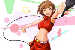 Rule 34 | 1girl, brown eyes, brown hair, looking at viewer, meiko (vocaloid), microphone, miniskirt, museum2088, short hair, simple background, skirt, smile, solo, striped, striped background, vocaloid