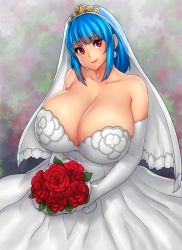 1girl absurdres bare_shoulders blue_hair bouquet breasts bridal_veil bride cleavage curvy dress earrings elbow_gloves erkaz female_focus flower gloves highres holding holding_bouquet huge_breasts jewelry medium_hair original red_eyes rina_atherina smile solo strapless strapless_dress veil veins veiny_breasts wedding_dress white_dress white_gloves