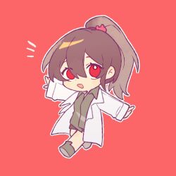 Rule 34 | 1girl, bear hair ornament, brown footwear, brown hair, carmen (project moon), coat, collared shirt, fevercat, green shirt, hair ornament, high ponytail, highres, lab coat, lobotomy corporation, long hair, looking at viewer, project moon, red background, shirt, shoes, simple background, solo, white coat