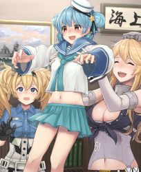 Rule 34 | 3girls, absurdres, american flag, aqua neckwear, aqua skirt, belt, black ribbon, blonde hair, blue eyes, blue hair, blue sailor collar, blue shirt, bookshelf, breast pocket, breasts, closed eyes, collared shirt, dixie cup hat, double bun, dress, elbow gloves, enri (enriko683), fingerless gloves, gambier bay (kancolle), gloves, hair bun, hair ornament, hairband, hairpin, hat, hat ribbon, high heels, highres, huge filesize, iowa (kancolle), kantai collection, large breasts, lifting another&#039;s clothes, lifting person, long hair, long sleeves, military hat, miniskirt, multicolored clothes, multicolored gloves, multiple girls, navy cross, neckerchief, open mouth, photo (object), picture frame, pleated skirt, pocket, ponytail, radar, red footwear, ribbon, sailor collar, sailor dress, samuel b. roberts (kancolle), school uniform, serafuku, shirt, short hair, shorts, skirt, sleeve cuffs, smile, star-shaped pupils, star (symbol), striped, symbol-shaped pupils, thighhighs, twintails, vertical stripes, white headwear, white legwear, white shirt, yellow eyes