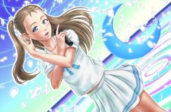 Rule 34 | 1girl, blue eyes, blush, brown hair, child, collarbone, colorful dolce, crescent moon, crossed arms, dress, feet out of frame, female focus, hair ribbon, holding, holding microphone, idol, long hair, looking at viewer, microphone, midriff peek, moon, moon symbol, music, nakanocchi, navel, petals, ribbon, sailor collar, sailor dress, sakura liliya, singing, skirt, solo, standing, twintails, white ribbon, white skirt