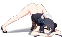 Rule 34 | 1girl, ass, bare arms, bare legs, black dress, black footwear, blue archive, butterfly hair ornament, china dress, chinese clothes, closed mouth, double bun, dress, expressionless, grey eyes, hair bun, hair ornament, halo, high heels, highres, jack-o&#039; challenge, kisaki (blue archive), legs apart, lettu, long hair, looking at viewer, no panties, sidelocks, simple background, solo, top-down bottom-up, twintails, white background