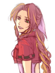 Rule 34 | 1990s (style), 1girl, aerith gainsborough, brown hair, coonel, dress, female focus, final fantasy, final fantasy vii, green eyes, jacket, long hair, open mouth, pink ribbon, ponytail, ribbon, solo, white background