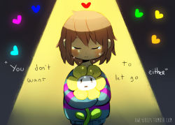 Rule 34 | androgynous, blush, brown hair, closed eyes, crying, english text, flower, flowey (undertale), frisk (undertale), gender request, glowing, heart, holding, holding flower, hug, hug from behind, looking up, owlyjules, parted lips, short hair, spoilers, spotlight, striped clothes, striped sweater, sweater, tears, undertale, watermark, web address