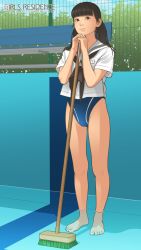 Rule 34 | 1girl, absurdres, barefoot, bench, black eyes, black hair, blunt bangs, cameltoe, commentary request, competition swimsuit, empty pool, female focus, full body, gluteal fold, highres, long hair, looking at viewer, one-piece swimsuit, original, pool, school uniform, serafuku, shinchou ni kansuru kousatsu, smile, solo, swimsuit, swimsuit under clothes, wading