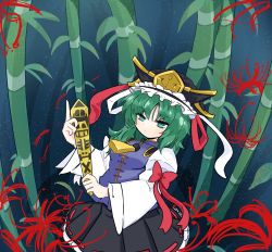 Rule 34 | 1girl, asymmetrical hair, balance scale, bamboo, bamboo forest, black hat, black skirt, blue vest, bow, closed mouth, epaulettes, flower, forest, frilled hat, frills, green eyes, green hair, hat, highres, holding rod, light particles, long sleeves, medium hair, nature, outdoors, red bow, red ribbon, ribbon, ribbon-trimmed skirt, ribbon trim, rod of remorse, shiki eiki, skirt, solo, spider lily, tatutaniyuuto, touhou, vest, weighing scale, white bow, white ribbon, white sleeves, wide sleeves, yellow neckwear
