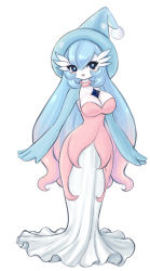 Rule 34 | 1girl, :&lt;, berry (berrycreme), blue eyes, blue gemstone, blue hair, blue hat, blue skin, blush, breasts, chest jewel, cleavage, closed mouth, colored skin, creatures (company), dress, female focus, full body, fusion, game freak, gardevoir, gem, gen 3 pokemon, gen 8 pokemon, gradient hair, hair between eyes, hat, hatterene, highres, large breasts, light blush, long dress, long hair, looking to the side, multicolored hair, multicolored skin, nintendo, pink dress, pink hair, pokemon, pokemon (creature), pom pom (clothes), sidelocks, simple background, solo, standing, two-tone hair, two-tone skin, very long hair, white background, white skin, wizard hat