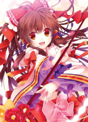 Rule 34 | 1girl, :d, blush, bow, brown hair, detached sleeves, embellished costume, flower, gohei, hair bow, hair ribbon, hair tubes, hakurei reimu, horn bow, large bow, long hair, looking at viewer, midriff, nail polish, open mouth, red eyes, ribbon, ribbon-trimmed sleeves, ribbon trim, smile, solo, touhou, yanagise
