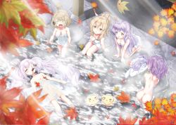 Rule 34 | &gt; &lt;, 5girls, :d, ^ ^, afloat, ahoge, ass, autumn, autumn leaves, ayanami (azur lane), azur lane, bare back, bird, blurry, breasts, chick, cleavage, closed eyes, cola, commentary request, covered navel, crab, depth of field, drinking, from above, grey eyes, hair down, headgear, highres, hot spring, in water, javelin (azur lane), kneeling, laffey (azur lane), leaf, light brown hair, long hair, looking at viewer, looking up, manjuu (azur lane), maple leaf, multiple girls, naked towel, onsen, open mouth, orange eyes, parted lips, purple hair, red eyes, see-through, short hair, sitting, smile, soda bottle, sweat, towel, twintails, unicorn (azur lane), wading, wakamoto riwo, wet, wet towel, white hair, winged unicorn, z23 (azur lane)