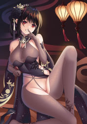 Rule 34 | 1girl, azur lane, bare shoulders, black dress, black flower, black hair, black rose, bodystocking, breasts, chen hai (azur lane), chen hai (vestibule of wonders) (azur lane), china dress, chinese clothes, dress, elbow gloves, finger to mouth, flower, gloves, highres, hoxi, lace, lace-trimmed gloves, lace trim, large breasts, long hair, official alternate costume, pelvic curtain, red eyes, revealing clothes, rose, solo, taut clothes, taut dress