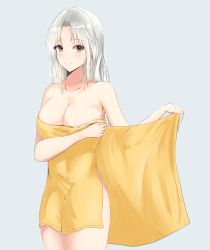 Rule 34 | 1girl, absurdres, arm under breasts, blush, breasts, brown eyes, cleavage, closed mouth, commentary request, cowboy shot, highres, large breasts, light blue background, light smile, long hair, looking at viewer, naked towel, no headwear, silver hair, simple background, solo, standing, touhou, towel, yagokoro eirin, yagoro kusuriya