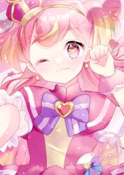 Rule 34 | 1girl, ;3, blonde hair, blue eyes, blush, bow, bright pupils, brooch, crown, cure wonderful, dot nose, dress, earrings, hairband, heart, heart brooch, highres, hoshizora megu, inukai komugi, jewelry, long hair, magical girl, mini crown, multicolored eyes, multicolored hair, one eye closed, paw pose, pink dress, pink hair, pink wrist cuffs, pouch, precure, purple bow, purple eyes, signature, smile, solo, streaked hair, tilted headwear, two-tone hair, two side up, upper body, wonderful precure!, wrist cuffs, yellow hairband