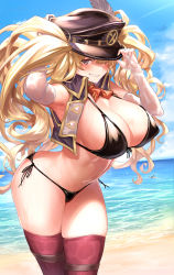 Rule 34 | 1girl, adjusting clothes, adjusting headwear, armpits, beach, blonde hair, blue sky, blush, breasts, bridal gauntlets, brown eyes, cleavage, cropped vest, day, elbow gloves, gloves, granblue fantasy, grin, hat, hat feather, highres, huge breasts, long hair, looking at viewer, military hat, monika weisswind, navel, ocean, open clothes, open vest, peaked cap, red thighhighs, shore, sky, smile, thighhighs, thighs, twintails, ulrich (tagaragakuin), vest, wavy hair, wet, white gloves, wide hips