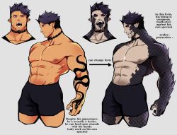 Rule 34 | 1boy, abs, arm tattoo, bara, black male underwear, black sclera, boxers, bulge, colored sclera, cropped legs, dark-skinned male, dark skin, english text, facial hair, fangs, highres, large pectorals, lisuchi, male focus, male underwear, mature male, monster boy, muscular, muscular male, navel, neck tattoo, nipples, original, pectorals, red eyes, scales, short hair, snake boy, snake print, stomach, stubble, tattoo, thighs, tongue, tongue out, underwear, underwear only