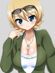 Rule 34 | 1girl, black-framed eyewear, blonde hair, blouse, blue eyes, braid, braided bun, breasts, cleavage, closed mouth, darjeeling (girls und panzer), earlobe1514366, eyewear on head, frilled shirt, frills, girls und panzer, girls und panzer senshadou daisakusen!, green jumpsuit, grey background, hair bun, halterneck, hand in own hair, highres, jewelry, jumpsuit, large breasts, long sleeves, looking at viewer, necklace, one-piece swimsuit, partially unzipped, shirt, short hair, simple background, smile, solo, sunglasses, swimsuit, swimsuit under clothes, twin braids, upper body, white one-piece swimsuit, white shirt