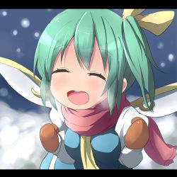 Rule 34 | 1girl, blue dress, breasts, brown gloves, daiyousei, dress, closed eyes, fairy wings, female focus, gloves, green hair, hair ribbon, kuromu (underporno), letterboxed, open mouth, ribbon, scarf, shirt, side ponytail, smile, snowing, solo, touhou, upper body, wings