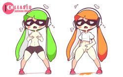 Rule 34 | 2girls, animated, animated gif, blouse, bottomless, breasts, cleft of venus, diives, fangs, female ejaculation, female masturbation, gluteal fold, grabbing own breast, green hair, headphones, ink, inkling, inkling girl, inkling player character, legs apart, masturbation, moaning, multiple girls, nintendo, nipples, open mouth, orange hair, patreon logo, pussy, shirt, splatoon (series), standing, sweat, tentacle hair, topless, uncensored, white shirt