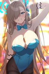Rule 34 | 1girl, animal ears, arm behind head, arm up, armpits, asuna (blue archive), asuna (bunny) (blue archive), bare shoulders, between breasts, blue archive, blue bow, blue bowtie, blue eyes, blue leotard, blue ribbon, blush, bow, bowtie, breasts, cleavage, coin, detached collar, fake animal ears, gloves, grin, hair over one eye, hair ribbon, halo, highleg, highleg leotard, highres, large breasts, leotard, light brown hair, long hair, looking at viewer, mole, mole on breast, official alternate costume, pantyhose, playboy bunny, poker chip, rabbit ears, ribbon, rin ateria, smile, solo, strapless, strapless leotard, swept bangs, teeth, thighband pantyhose, traditional bowtie, white gloves