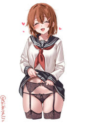 Rule 34 | 1girl, :d, ^ ^, artist name, black garter belt, black panties, black sailor collar, black skirt, black thighhighs, blue sailor collar, blush, bow, bow panties, brown hair, closed eyes, clothes lift, commentary request, cowboy shot, ebifurya, facing viewer, fang, fangs, garter belt, groin, hair between eyes, hair ornament, hairclip, heart, highres, ikazuchi (kancolle), kantai collection, lifted by self, long sleeves, navel, neckerchief, one-hour drawing challenge, open mouth, panties, red neckerchief, sailor collar, school uniform, serafuku, shirt, short hair, simple background, skirt, skirt lift, smile, solo, thighhighs, thighs, twitter username, underwear, white background, white shirt