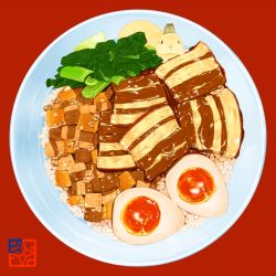 Rule 34 | animal, bowl, egg, egg (food), food, food focus, hardboiled egg, lilac (p-f easy), meat, no humans, original, pork, rabbit, red background, rice, simple background, still life, vegetable