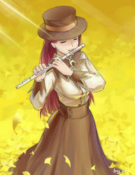 Rule 34 | 1girl, aged down, artist name, autumn leaves, bamboocm, breasts, brown hat, brown skirt, closed eyes, cowboy shot, field, flute, from above, from side, hands up, happy, hat, holding, holding instrument, hunter x hunter, instrument, long sleeves, music, playing instrument, red hair, senritsu, shirt, skirt, smile, solo, standing, sunlight, white shirt