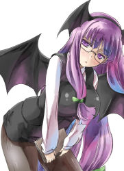 Rule 34 | 1girl, :&lt;, alternate headwear, bat wings, bespectacled, black pantyhose, blouse, blush, breasts, cosplay, dress shirt, glasses, hairband, head wings, koakuma, koakuma (cosplay), large breasts, long hair, looking at viewer, microskirt, pantyhose, patchouli knowledge, purple eyes, purple hair, shirt, skirt, skirt set, solo, touhou, very long hair, white shirt, wings, yohane