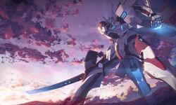 Rule 34 | cloud, cloudy sky, commentary request, dust, evening, glowing, glowing eyes, highres, holding, holding sword, holding weapon, knyt, light trail, mecha, muv-luv, muv-luv alternative, muv-luv total eclipse, no humans, outdoors, robot, scenery, sky, sword, thrusters, twilight, weapon, xfj-01a shiranui