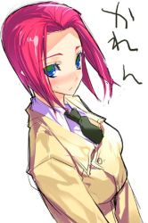 Rule 34 | 00s, 1girl, blush, breasts, closed mouth, code geass, collared shirt, dress shirt, frown, green necktie, kouzuki kallen, large breasts, long sleeves, looking at viewer, lowres, necktie, red hair, school uniform, shirt, simple background, solo, sumi hei, umebo, uniform, upper body, white background