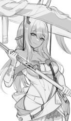 Rule 34 | 1girl, absurdres, armor, bare shoulders, breasts, cleavage, clothing cutout, collarbone, goddess of victory: nikke, greyscale, hair between eyes, hat, highres, hip bones, holding, holding sword, holding weapon, japanese armor, jingasa, kote, kurone rinka, large hat, leotard, long hair, looking at viewer, medium breasts, monochrome, scarlet (nikke), sheath, sidelocks, simple background, sketch, smile, solo, sword, unfinished, weapon, white background