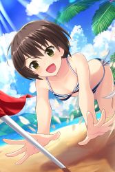 Rule 34 | 1girl, absurdres, alternative girls, beach, bikini, blush, breasts, day, flag, highres, mountain, official art, palm tree, sand, short hair, small breasts, smile, solo, sunlight, swimsuit, tachibana naomi, tree, water, yellow eyes