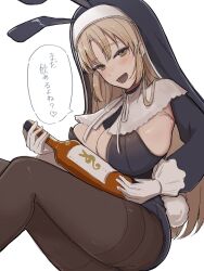 Rule 34 | 1girl, alcohol, animal ears, black leotard, breasts, detached sleeves, fake animal ears, fake tail, gloves, habit, highres, large breasts, leotard, light brown hair, long hair, long sleeves, looking at viewer, nijisanji, nun, pantyhose, parted bangs, playboy bunny, rabbit ears, rabbit tail, sideboob, sister claire, sitting, solo, strapless, strapless leotard, tail, taketatetakeya, virtual youtuber, white background, white gloves