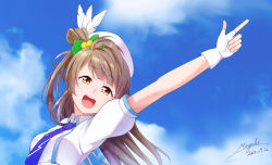 Rule 34 | 1girl, absurdres, artist name, artist request, blue sky, blush, bow, brown eyes, brown hair, cloud, collared shirt, day, earrings, feather hair ornament, feathers, female focus, fingerless gloves, gloves, green bow, grey hair, hair bow, hair ornament, hairclip, haruna miyabi, hat, highres, jewelry, light brown hair, long hair, looking at viewer, love live!, love live! school idol festival, love live! school idol project, minami kotori, necktie, outdoors, parted lips, pointing, ponytail, puffy short sleeves, puffy sleeves, shirt, short sleeves, side ponytail, sky, smile, solo, white feathers, white gloves, white hat, white shirt, wonderful rush