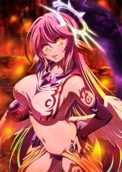 Rule 34 | 1girl, :p, angel wings, breasts, spiked halo, crop top, cross, feathered wings, gloves, gradient hair, halo, jibril (no game no life), large breasts, long hair, looking at viewer, low wings, magic circle, midriff, multicolored eyes, multicolored hair, navel, no game no life, official art, orange eyes, pink hair, scythe, sideboob, solo, symbol-shaped pupils, tattoo, tongue, tongue out, very long hair, white wings, wing ears, wings, yellow eyes
