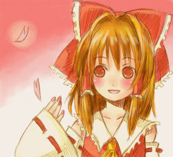 Rule 34 | 1girl, :d, ascot, blush, bow, brown eyes, collar, collarbone, detached sleeves, female focus, gradient background, hair bow, hakurei reimu, long sleeves, looking at viewer, open mouth, orange hair, red bow, sidelocks, simple background, smile, solo, takanashi minato, tareme, touhou, upper body, vest