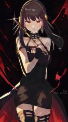 Rule 34 | 1girl, absurdres, bare shoulders, black background, black dress, black hair, black thighhighs, blood, blood splatter, breasts, commentary request, dress, glint, hand up, highres, holding, long hair, looking at viewer, medium breasts, red eyes, signature, sofra, solo, spy x family, thighhighs, twitter username, two-sided dress, two-sided fabric, yor briar