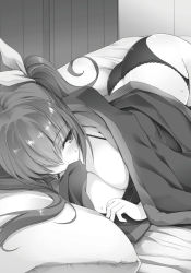 Rule 34 | 1girl, ass, bed sheet, black bra, black panties, blush, bow, bra, breasts, cleavage, greyscale, hair bow, hair over one eye, highres, indoors, large breasts, long hair, lying, monochrome, novel illustration, official art, on side, panties, pillow, rakudai kishi no cavalry, shiny skin, solo, stella vermillion, sweatdrop, twintails, under covers, underwear, underwear only, won (az hybrid)
