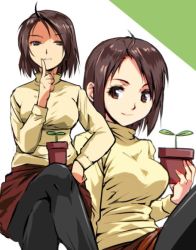 Rule 34 | 1girl, black pantyhose, breasts, brown eyes, brown hair, commentary request, holding, kamisimo 90, large breasts, looking at viewer, multiple views, original, pantyhose, plant, plant girl (kamisimo 90), potted plant, red skirt, short hair, sitting, skirt, smile, sweater, turtleneck, yellow sweater
