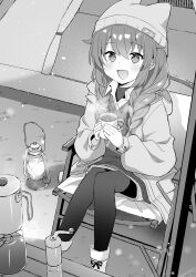 Rule 34 | 1girl, absurdres, beanie, blue archive, boots, chiune (yachi), collared shirt, cup, grass, greyscale, hair between eyes, hat, highres, holding, holding cup, jacket, lantern, long hair, long sleeves, maki (blue archive), maki (camp) (blue archive), monochrome, official alternate costume, official alternate hairstyle, open clothes, open jacket, open mouth, pantyhose, shirt, smile, solo