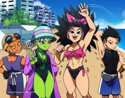 Rule 34 | !, !!, 2boys, 2girls, abs, alternate costume, armpits, arms up, bahnloopi, bare shoulders, beach, bikini, black eyes, black hair, blue sky, breasts, building, cabba, caulifla, cheelai, cleavage cutout, clothing cutout, colored skin, dragon ball, dragon ball super, feet out of frame, footprints, gloves, goggles, goggles on head, green skin, hair ornament, happy, hat, highres, jacket, lemo (dragon ball), looking at viewer, looking back, medium breasts, multiple boys, multiple girls, muscular, muscular female, muscular male, no humans, ocean, one-piece swimsuit, orange skin, pink eyes, pov, ribbon, salute, sand, serious, shiny skin, shorts, sky, smile, spatula, swimsuit, v, waist bag, water, white hair, wide hips