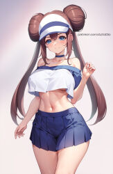 Rule 34 | 1girl, ai-assisted, artist name, aztodio, bare shoulders, blue eyes, blush, breasts, brown hair, choker, collarbone, cowboy shot, creatures (company), crop top, double bun, game freak, hair bun, large breasts, long hair, looking at viewer, navel, nintendo, patreon username, pokemon, pokemon bw2, rosa (pokemon), skirt, smile, solo, thighs, twintails, underboob, visor cap