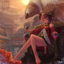 Rule 34 | 10s, 1girl, aner (qqan00), architecture, bare legs, barefoot, chinese text, cityscape, cup, dragon nest, east asian architecture, feet, flower, griffin, griffon, hat, highres, jewelry, legs, red eyes, river, rose, short hair, sitting, throne